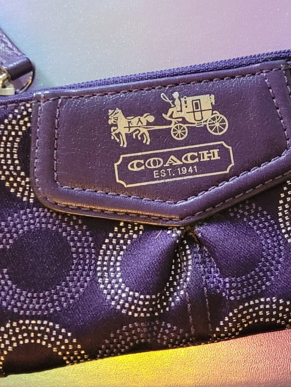 New Coach Navy and Silver Signature Circle Print Zip Top Coin Purse
